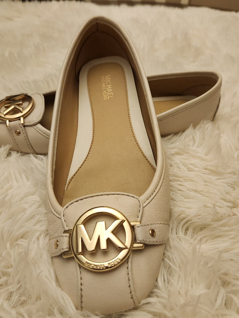 Michael Kors Cream Leather MK Logo Loafers with Gold Emblem
